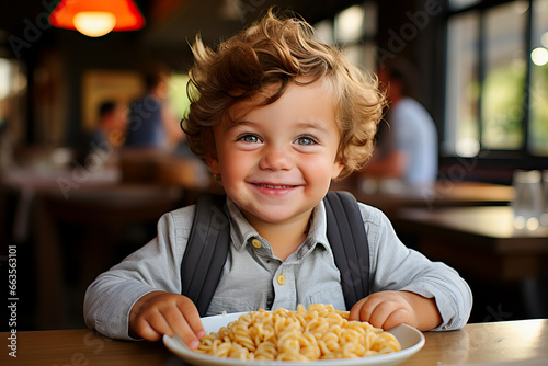 A young boy enjoying a meal at a table