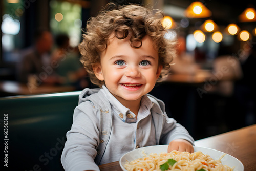 A young child enjoying a meal at a table