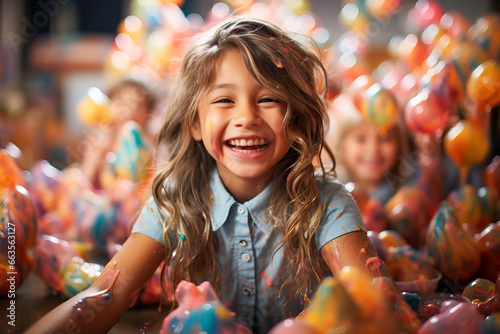 A young girl surrounded by colorful balls