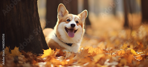 Happy Corgi dog on Autumn nature background  wide web banner. Autumn activities for dogs. Ai generative