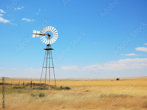 A solitary windmill standing tall in a vast field, surrounded by peacefulness and serenity.