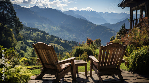 View from the relaxation terrace of the mountains and forests. Relaxation and nature. AI generated. © dreamer82