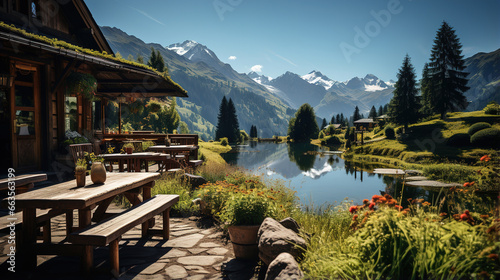 View from the relaxation terrace of the mountains and forests. Relaxation and nature. AI generated.