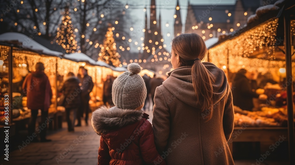 Mother and daughter walk during the Christmas fair. Ai genrative