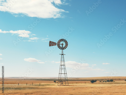 A lone windmill stands tall amidst a vast and open field, surrounded by natural beauty.