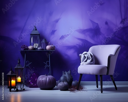 Halloween background with armchair, pumpkins, lanterns and candles photo