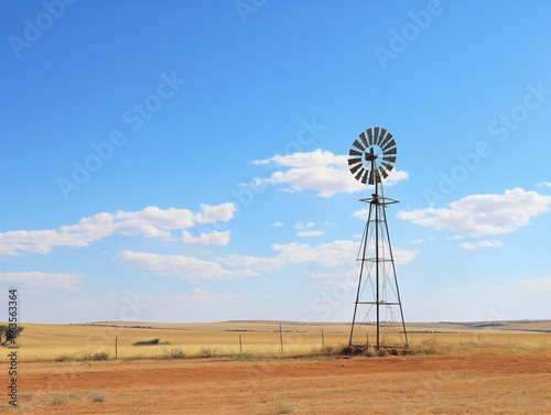 A lone windmill stands tall amidst a vast and open field under a cloudy sky.