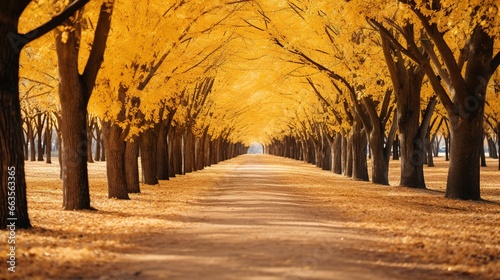 A path full of golden sycamore trees and maples. Yellow autumn leaves. Ai generative