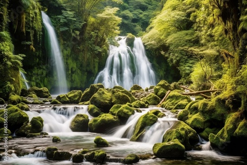 Scenic view of cascading waterfall and surrounding natural beauty. Generative AI