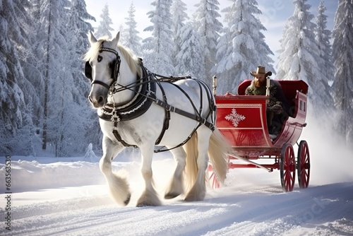 A team of two horses with a carriage in a winter scenery. Ai generative. © dreamer82