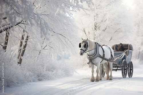 A team of two horses with a carriage in a winter scenery. Ai generative.