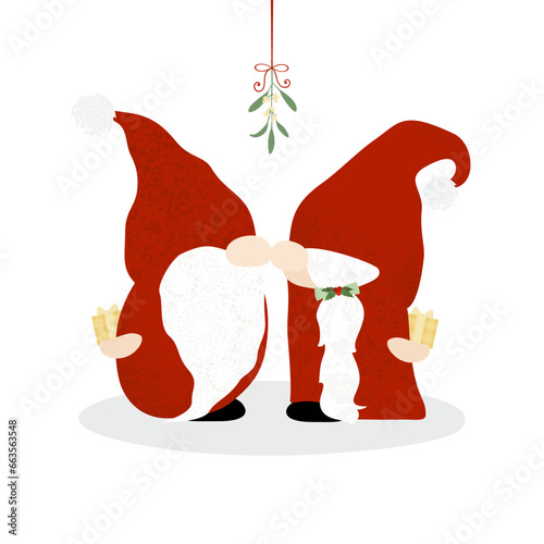 Mr. and Mrs. Claus gnomes nose kissing under mistletoe with gifts to share, in a cut paper style with textures
