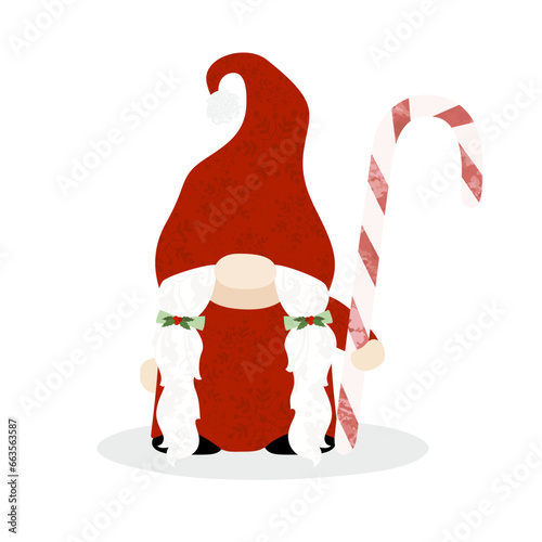 A holiday gnome holding a candy cane, in a cut paper style with textures
