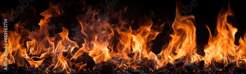 Panoramic photo of burning wood on a black background. Ai generative.