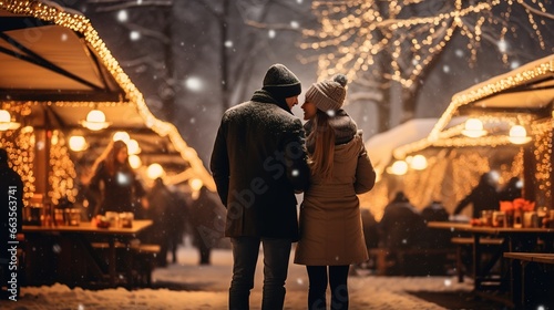 A couple in love walks at a Christmas festival. Ai generative. © dreamer82