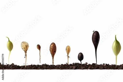 Seed germination process in soil section isolated on white background. Generative AI photo