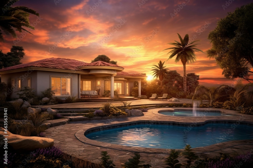 Beautiful sunset scene featuring a house surrounded by a yard and pool - ideal for relaxation and enjoyment. Generative AI