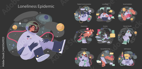 Loneliness dark or night mode set. Unhappy person, astronaut left