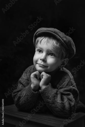 A little boy in a sweater and a retro-style cap on a dark background.
