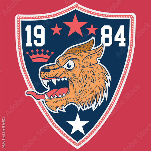illustration of a furious puma tiger in college style with varsity texts with simulation of embroidery and contrasting background, college color.