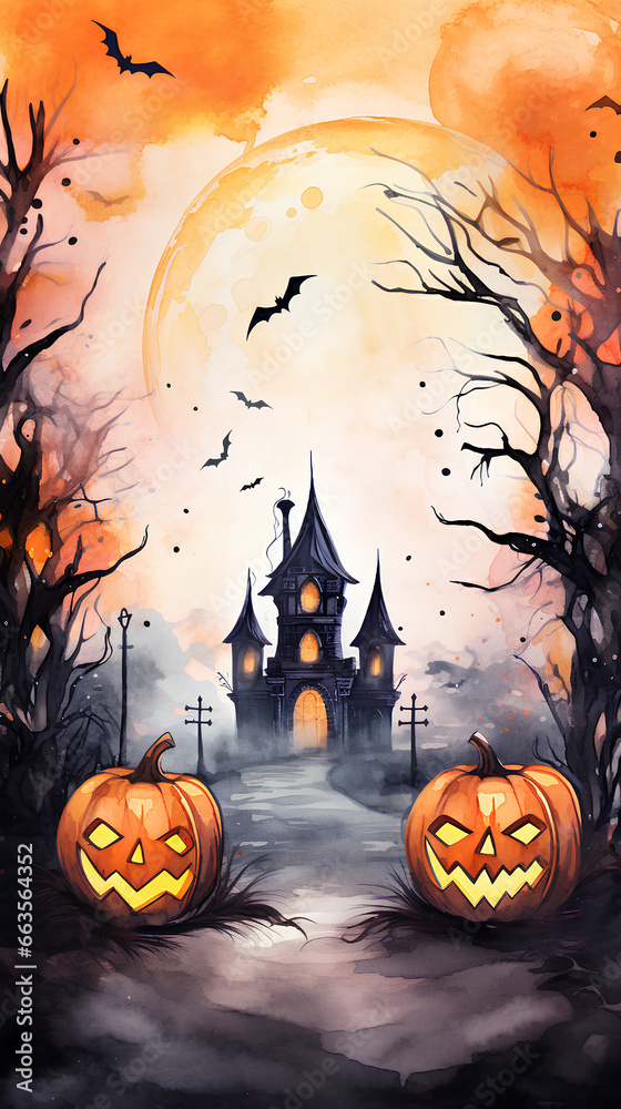 Halloween landscapes illustrated in watercolor. Illustrations of spooky Halloween landscapes