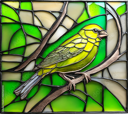 European Greenfinch bird, abstract painting in stained glass style