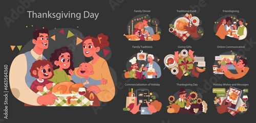 Joyful family celebrating Thanksgiving dark or night mode set.