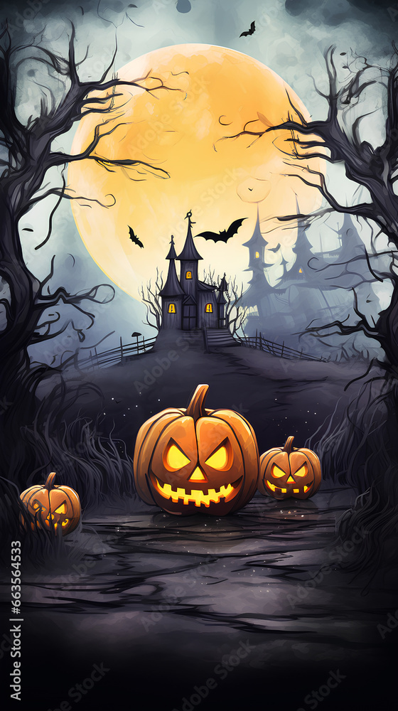 Halloween landscapes illustrated in watercolor. Illustrations of spooky Halloween landscapes