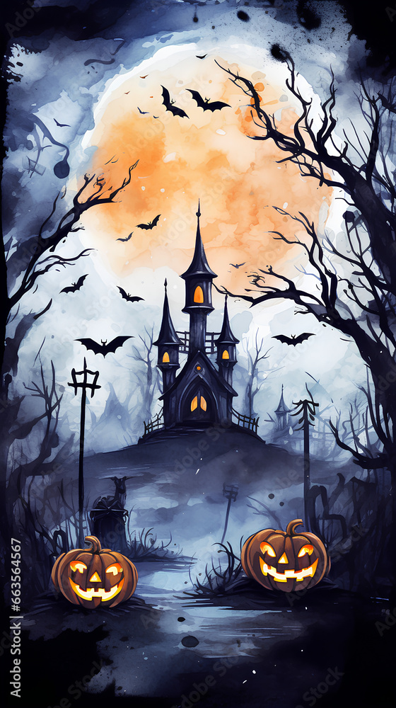 Halloween landscapes illustrated in watercolor. Illustrations of spooky Halloween landscapes