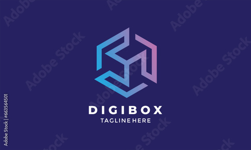 Logo hexagon box minimalist line techno chain currency trade market block transaction system monet concept