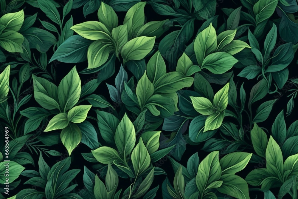 Dark green leaves on floral background. Generative AI