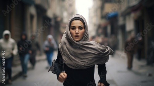 Young Muslim woman with a hijab fleeing from war and destruction © Krtola 