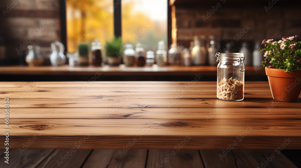 Empty wooden table in front of abstract blurred background of coffee shop.generative ai