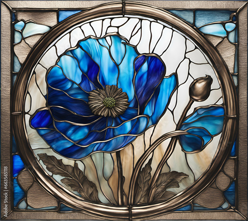 Bright colored blue poppy flower, abstract painting in stained glass style