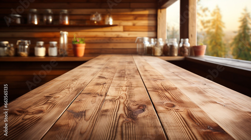 Empty wooden table in front of abstract blurred background of coffee shop.generative ai