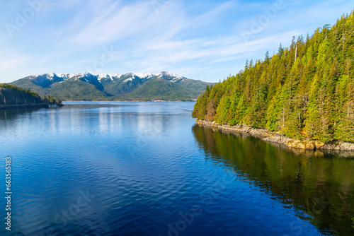A small bay along the Tongass Narrows waterway near the cruise port and town of Ketchikan, Alaska, with Gravina Island across the water.