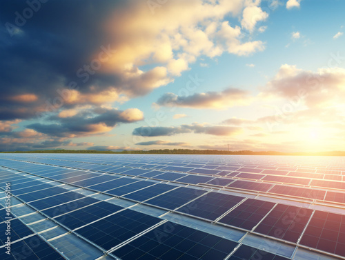 Field of solar panels extending into the distance  capturing renewable energy in a rural setting.