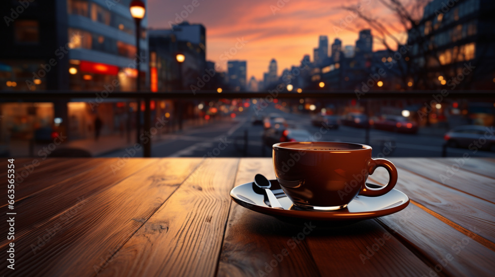 blured busy city background a cup of coffee on the wooden table.generative ai