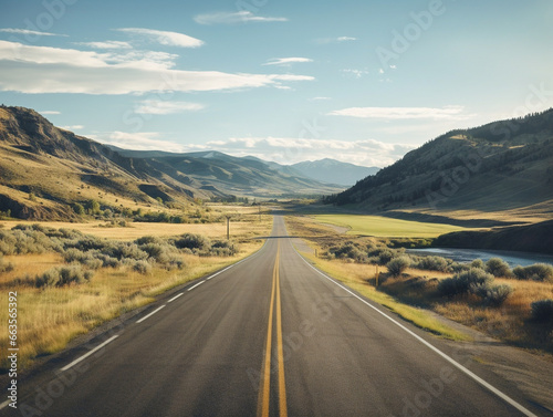 A serene image of a deserted road winding through a rural landscape with scattered trees.