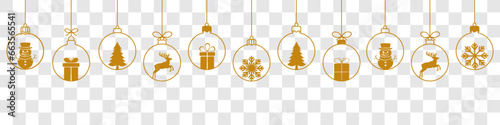 Christmas ball golden line icon.Set of simple hanging golden christmas balls seamless border .Holiday christmas decoration. New Year seamless banner .