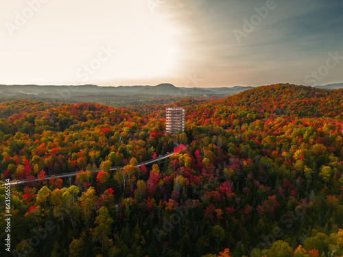 Aerial view of winding river in Laurentian mountains, Quebec, Canada during the fall