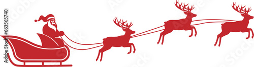 Santa's sleigh with deers red silhouette.Santa claus reindeer sleigh .Christmas flying reindeers.Santa Claus is flying in sleigh.