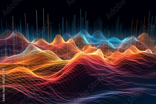 Abstract visual representation of music audio frequencies as futuristic particle waves. Generative AI
