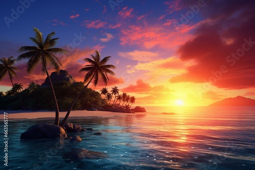 Scenic tropical island with palm trees and beautiful sunset sky. Generative AI