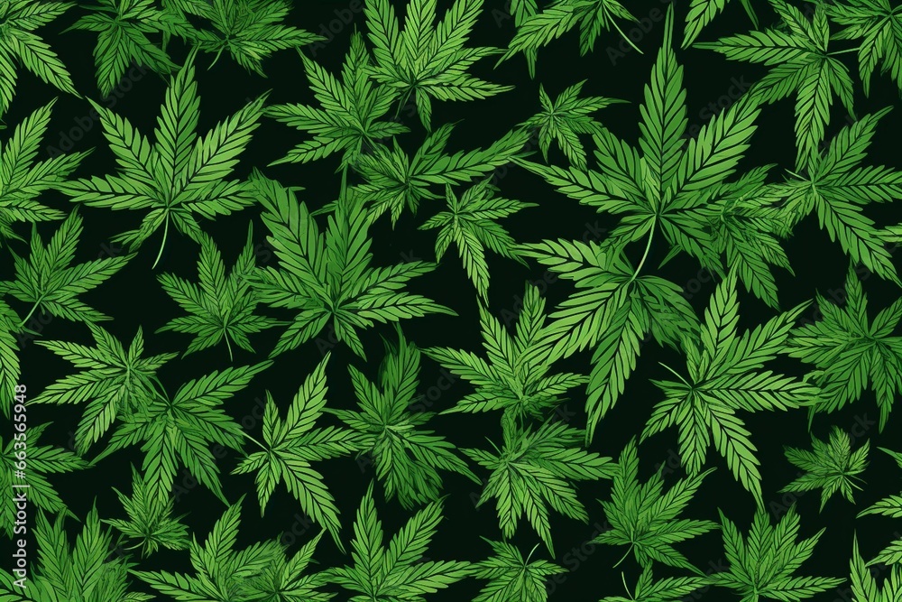 A seamless pattern of marijuana on a green background with hemp leaves. Generative AI