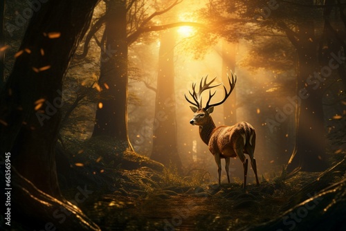 A majestic deer stands in a moonlit forest, adorned with sunlight filtering through trees. Its antlers glow with a golden hue. Generative AI