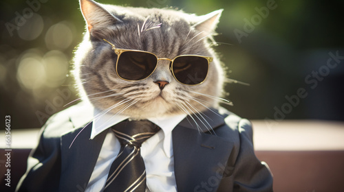 A cat wearing sunglasses and a suit with a tie © Daniel