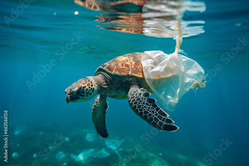 a turtle swimming in a plastic poluted ocean photo
