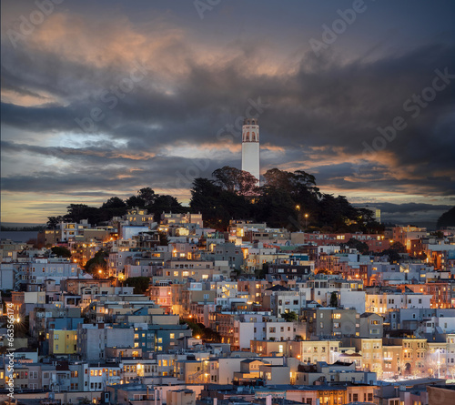 Photography Dramatic Dusk over Coit Tower on Telegraph Hill via Russian Hill