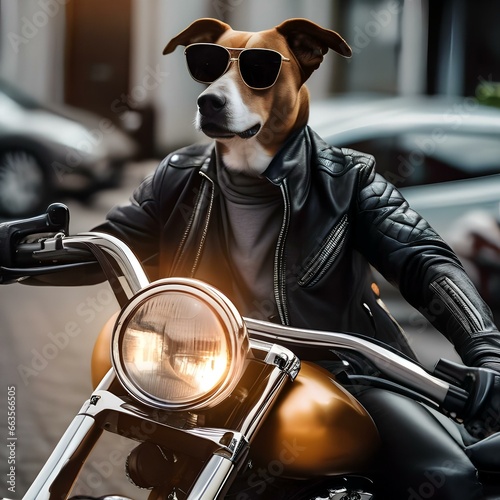 A cool dog in a leather jacket and sunglasses, riding a custom motorcycle1 photo